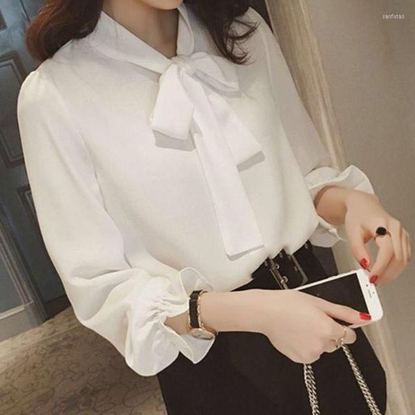 Kadın Bluzları 2023 Bahar Sonbahar Genç Kızlar Uzun Kollu Yay Yaka Üstleri Ofis Lady Şifon Beyaz Gömlek Kadın Bluz Gömlekleri