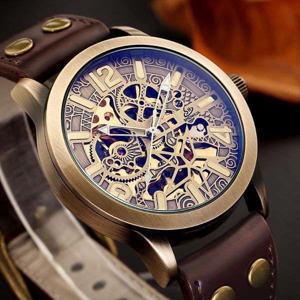 Нарученные часы Shenhua 2023 Watch Men Caring Skeleton Vintage Bronze Автоматический механический стимпанк ретро аналоговый Horloges Mannen