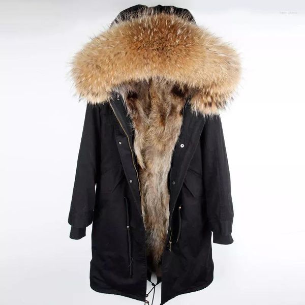 Giù da uomo 2023 Parka Cappotto di pelliccia di procione reale per uomo Collo di fodera di procione Inverno caldo Parka di moda