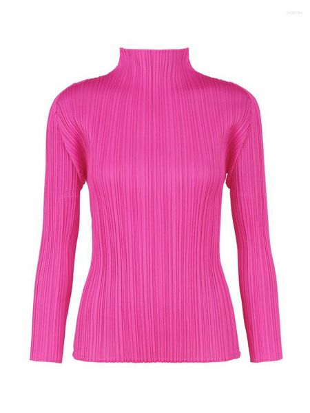 Damen-T-Shirts, Miyake, plissiert, klassisch, Basic, Rollkragenpullover, Langarm-Tops, koreanische Mode, ästhetische Kleidung