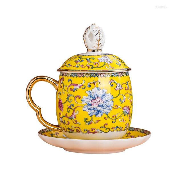 Cups Saucers Emaille Light Luxury Crown Tea Tasse Set Home Wohnzimmer mit Deckelbasis Unterstützung Wasser Jingdezhen Keramik Geschenk