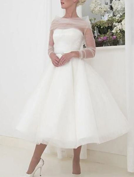Elegantes A-Linie-Hochzeitskleid 2023 Little White Teelang Langarm Bateau-Ausschnitt Tüll Tüll Brautkleider Vestidos De Noiva Boho