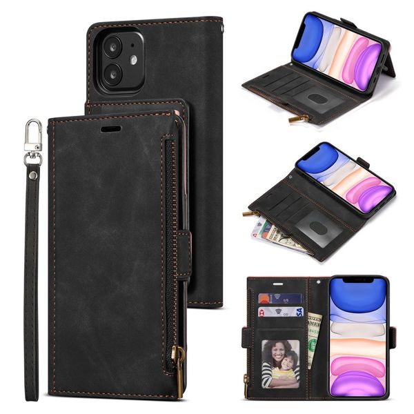 Brieftaschen-Handyhüllen Premium PU-Leder Reißverschluss Folio für iPhone 14 13 12 11 Pro Max XR XS Max 8 7 6 Plus Samsung S23 S21 S20 Note20 Plus Ultra S21FE S20FE