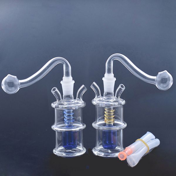 Bunte Mini-Doppelgelenk-Glas-Dab-Rig-Bong-Rohrwasser-Wasserpfeifen mit Silikonschlauch und 10-mm-Ölschale