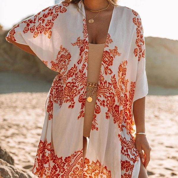 Traje de baño para mujer para mujer verano gasa / rayón estampado floral kimono cardigans tops boho blusas de playa casual camisas sueltas largo nadar bikini cove