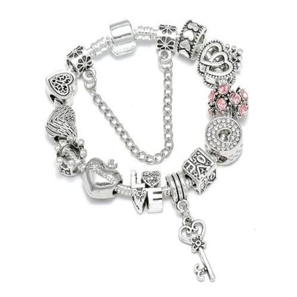 Silber Überzogene Herz Schlüssel Anhänger Charme Armbänder Für Frauen Original Mädchen Prinzessin Krone Perlen Armband Frau Schmuck GC1955