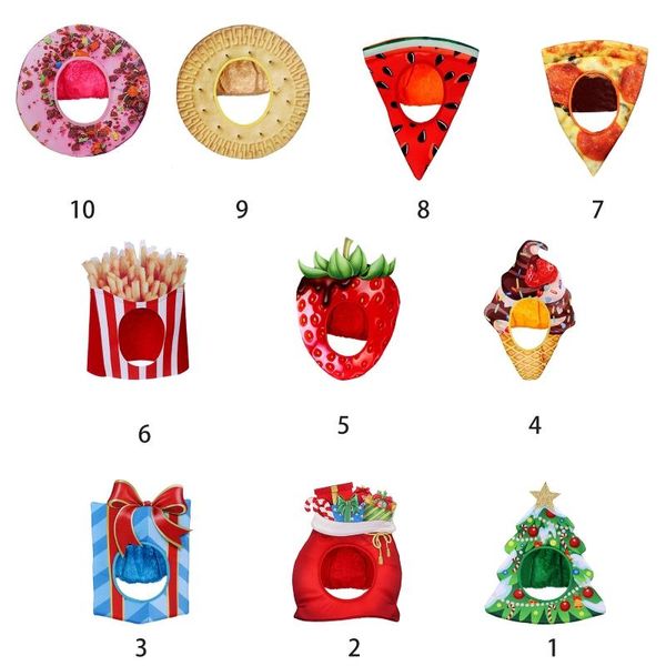 Berets Null Kreative Erwachsene Kinder Weihnachten Cartoon Hut Stofftier Lustige Weihnachtsbaum Geschenktüte Pizza 3D-Druck Volle Kopfbedeckung Festival