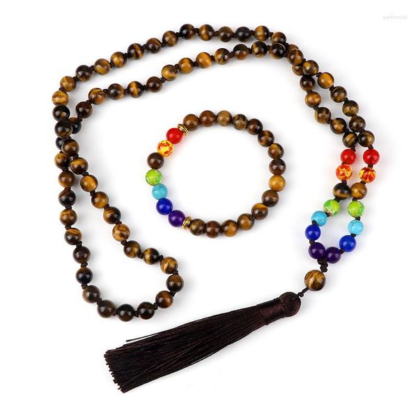 Brincos de colar Set Mala 7 Chakra Bracelete de pedra natural Tigre Miço de olho Japamala Oração de ioga Long Tassel Rosário Jóias para homens