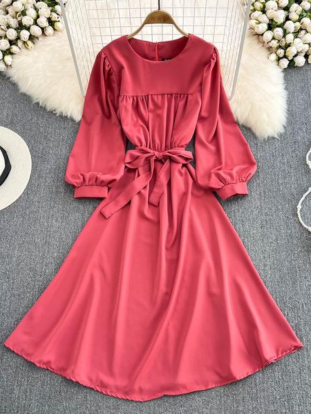 Casual Kleider Hikigawa Chic Mode Frau Kleid Vintage Elegante Solide O Neck Gebunden Bogen Schlanke Taille Kleider Für Frauen Temperament vestidos