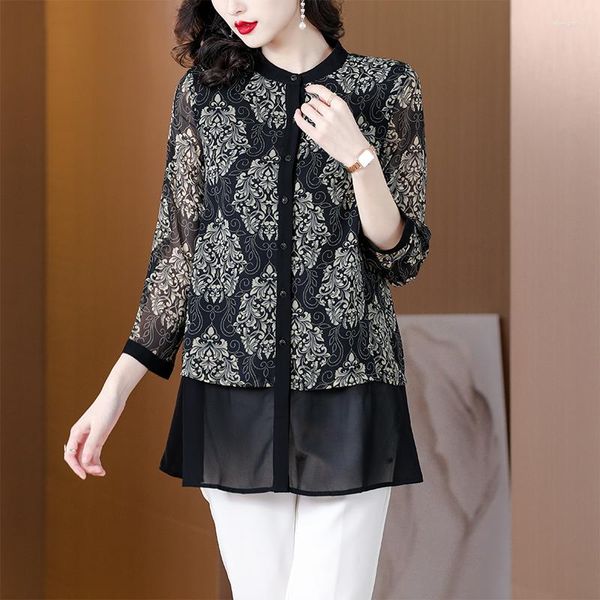 Blusas femininas outono preto impressão chiffon de manga longa feminina moda de maneira casual camisetas 2023 coreano vintage elegante solto