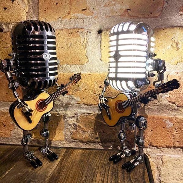 Dekorative Objekte Figuren Vintage Mikrofon Roboter Lampe Gitarre spielen Schreibtisch LED Lampe Licht Vintage Miniaturen Kunsthandwerk Beleuchtung Büro Heimdekoration 230311