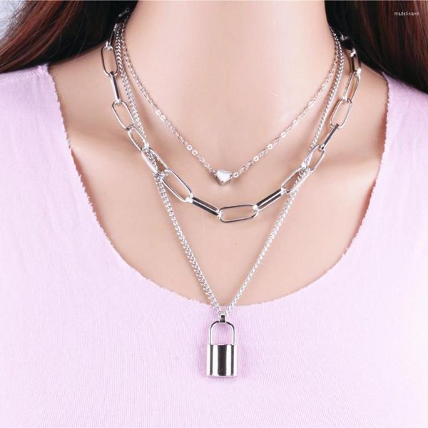 Catene Multilayers Lover Lock Ciondolo Collana girocollo Colore oro Lucchetto Cuore Catena Collier Regalo di gioielli alla moda