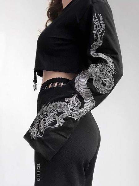 Kadın Hoodies Sweatshirts 2023 Karanlık Alışveriş Merkezi Gotik Ejderha Baskı Kadın Üstleri Grunge Estetik Punk Siyah Gevşek Moda Sokak Giysesi 230311