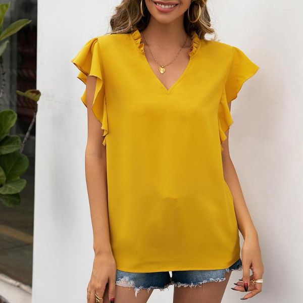 Frauenblusen Chifirena Sommerbluse Frauen Rüschen gegen Hals Casual Tops süße süße feste Blusas Femme Pullovers Loose Frau