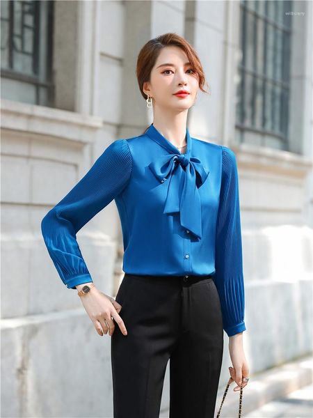 Camicette da donna Camicetta in chiffon blu retrò Camicia Primavera Autunno Bowknot Abbigliamento da lavoro OL Top Rosa Bianco Elegante Donna Manica lunga Allentato Casual