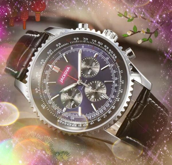 Шесть Stiches Mens Time Clock Watch Auto Date Big Magnifier Luminous Full Function Quarz Chronograph Fashion Business Chronograph Три глаза кожи пояс для глаз