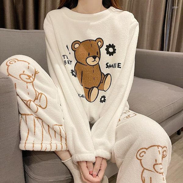 Kadın pijama pijamaları setleri ayı kadın gömlek pantolon uyku takım elbise uzun kollu yuvarlak boyunlu gevşek mercan kadife 2pcs gece kıyısı ev kıyafeti