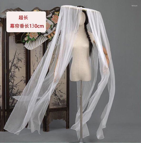 Boinas femininas hanfu tampa com véu comprido branco chinês antigo tradição hat douli suporte de cosplay knight para