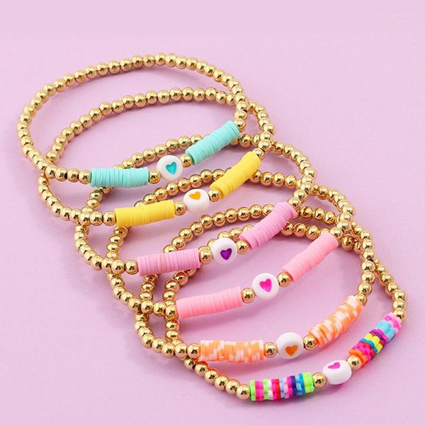 Strand Bohemia colorato argilla polimerica cuore fatto a mano per le donne regali di gioielli braccialetti elastici con perline rotonde dorate vintage