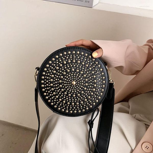 Abendtaschen Annmouler Marke Frauen Umhängetasche Kleine Niet Runde PU Leder Schwarz Crossbody Hohe Qualität Bolsa Feminina Mädchen Geldbörse