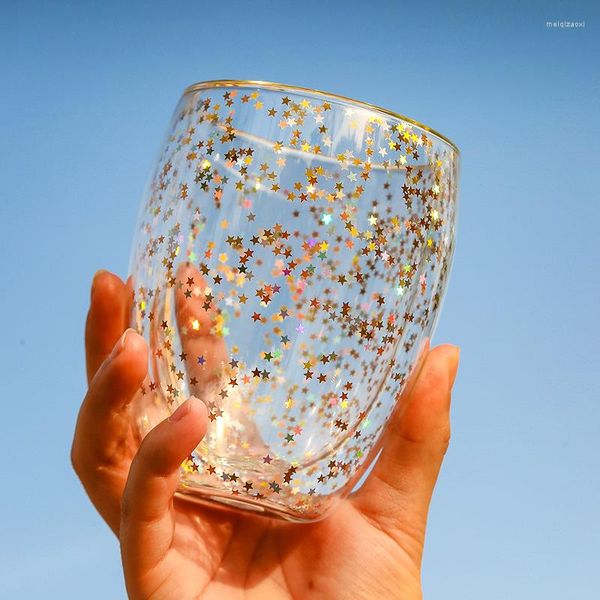 Bicchieri da vino 250ml / 350ml Tazze moderne in vetro a doppio strato Cielo stellato luminoso Tazze da caffè Personalità Coppia Tè resistente al calore