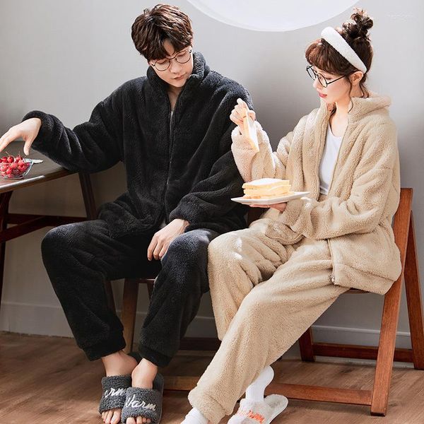 Amantes de flanela de inverno feminino amantes de casais de pijama jaqueta zip cardigan e calça camisola adulta mulher homem adorável desenho animado home