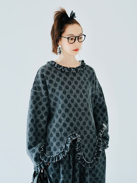 Kadın Hoodies Sweatshirts IMakokoni'nin Orijinal Tasarımı Uzun Kollu Düzensiz Ekleme Kazak Yuvarlak Boyun Pullover Polka Dot Sıradan Dantel Top 230311