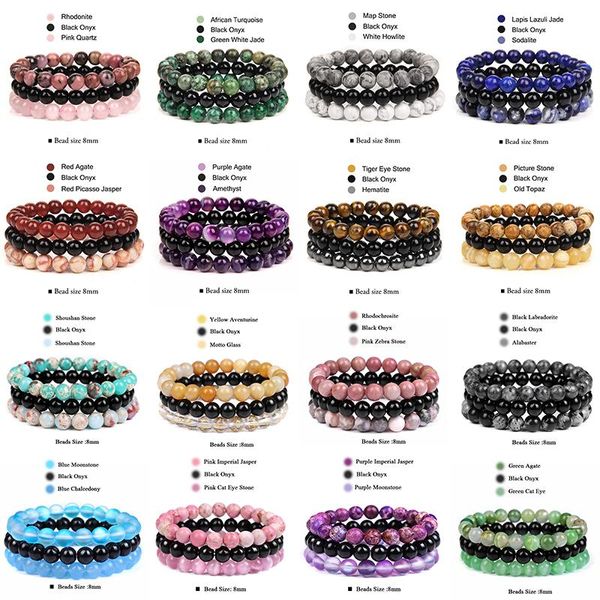 Strang Perlenstränge 3 Teile/satz 8mm Naturstein Perlen Armband Set Rosa Zebra Rhodonit Mondstein Achate Hämatit Armbänder Für Frauen männer