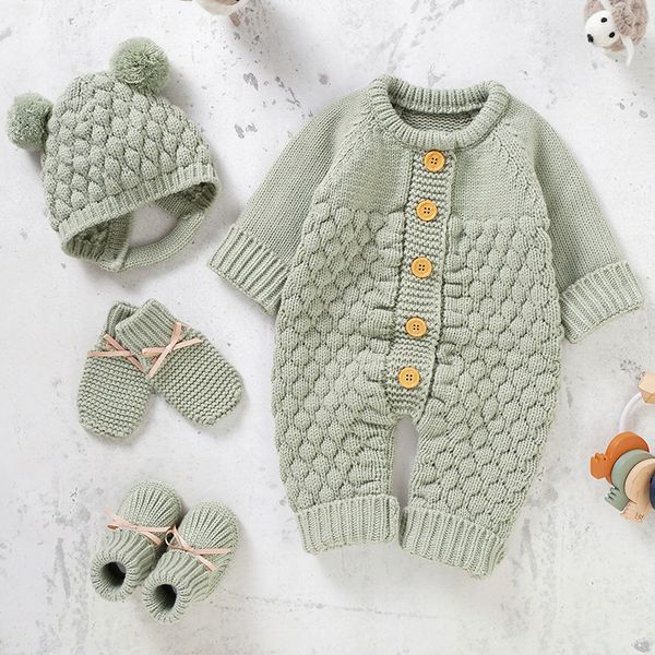 Pagliaccetti nati Baby Romper Shoes Guanti Set Knit Girl Boy Tuta Boot Mitten Solid Toddler Infant Manica lunga Abbigliamento 4PC Autunno 018M 230311