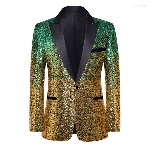 Herrenanzüge Mode Gold Grün Farbverlauf Pailletten Anzug Blazer Jacke Männer One Button Revers Smoking Blazer Party Abendessen Abschlussball Kleidung