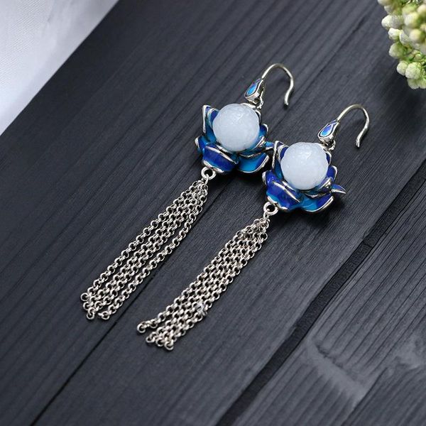 Ohrstecker Trend Imitation Jade Lange Quaste Weibliche Emaille Blaue Blume Hochzeit Anhänger Mode Chinesischen Stil Schmuck