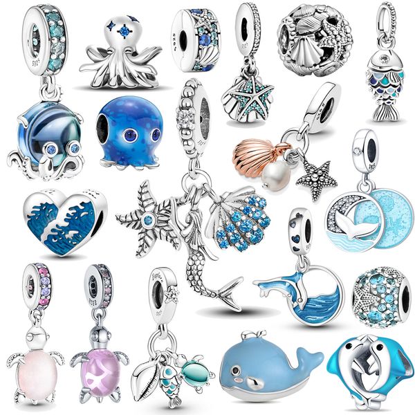 925 Silver Fit Pandora Original Charms Diy подвесные женские браслеты бусинки Новая океанская синяя морская черепаха свисайте бусин