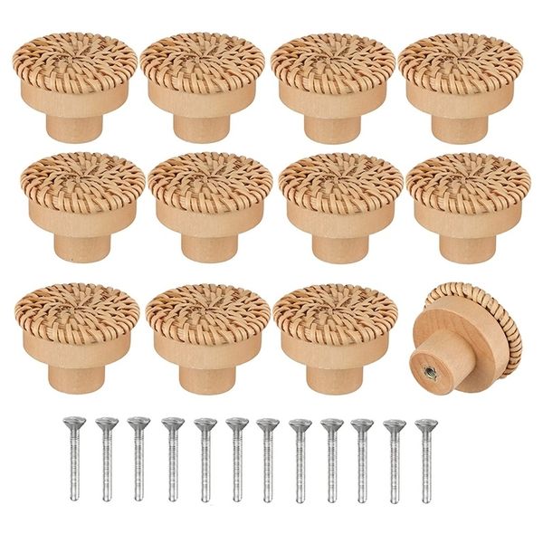 Kulplar Çekiyor Boho Rattan Dresser Knobs Yuvarlak Ahşap Çekme Knobs El yapımı hasır dokuma ve vidalar Boho mobilya düğmeleri 230311