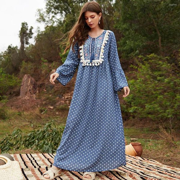 Etnik Kıyafet Abaya Dubai Elbiseler Kadın Moda Mavisi Mavi Polka Dot Baskılı Çiçek Nakamı Katlanmış Sivlemeli Cübbesi Uzun Etek Müslüman Elbise