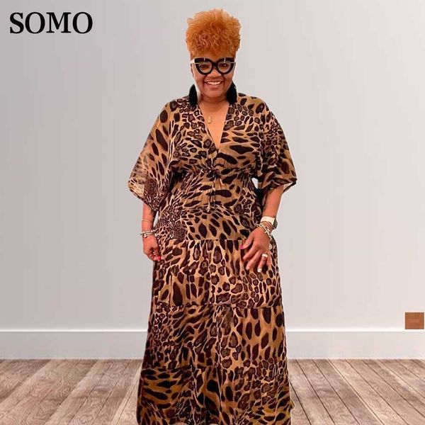 Vestidos de tamanho grande mulheres estampas de leopardo Mulheres alta cintura meia -manga v pesco