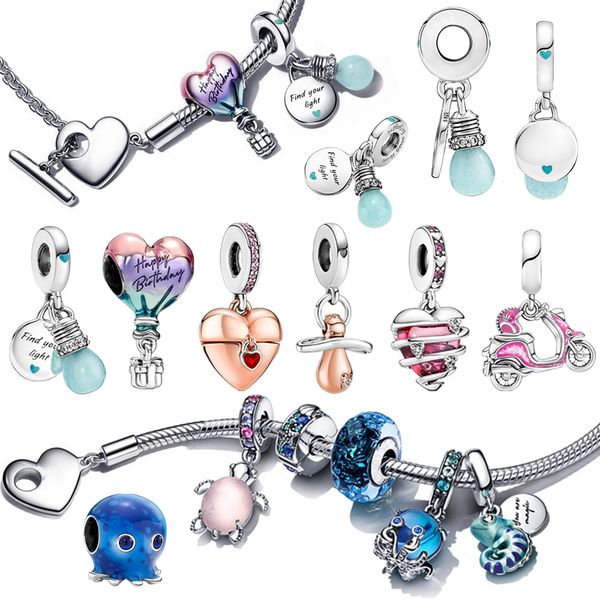 925 argento Fit Pandora Charms originali Ciondolo fai da te da donna Bracciali perline Lucchetto amp Chiave Ciondola