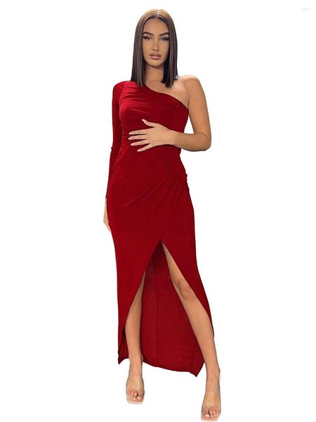 Casual Dresses Szkzk Sexy Asymmetrisches Langes Kleid Frauen Eine Schulterhülse Hohe Taille Falten Nachtclub Outfits Party Abend Clubwear