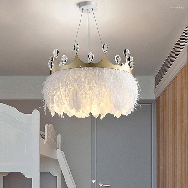 Pendelleuchten Nordic Kreative Feder Kronleuchter LED Wohnzimmer Schlafzimmer Romantische Krone Straußenhaar Hause Warme Dekoration Hängelampe