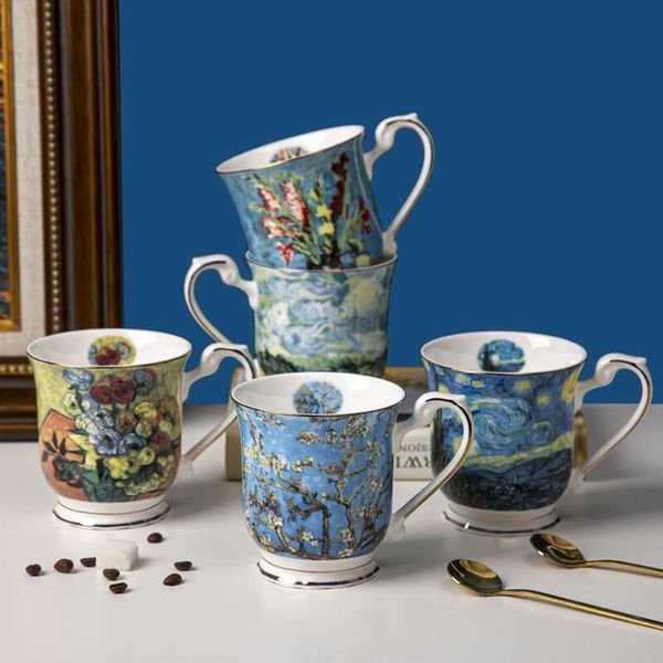 Tazza da caffè in porcellana con pittura a olio di Van Gogh Tazze da caffè in porcellana Bone China Bicchieri Tazze da latte Tazza da tè in ceramica La notte stellata