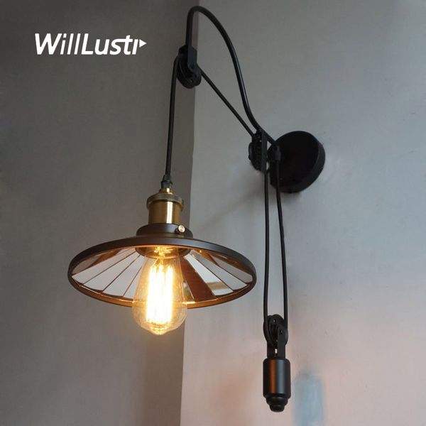 Lampada da parete in ferro stile industriale Vintage Pulley Lifting Sconce Hotel Cafe Loft Bar Corridoio Portico con illuminazione a specchio in metallo