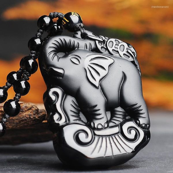 Anhänger Halsketten Elefant Natürliche Schwarze Obsidian Jade Halskette Chinesische Handgeschnitzte Feine Charme Schmuck Amulett Zubehör Für Männer Frauen