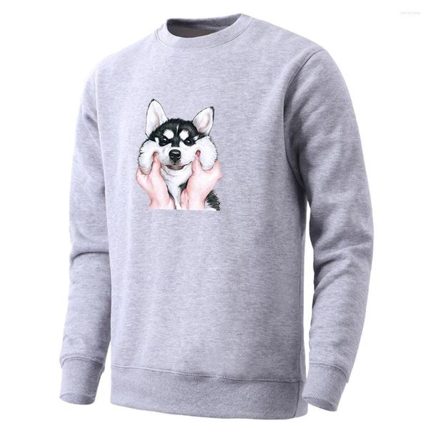 Erkek Hoodies Erkek Sevimli Komik Karikatür Husky Baskı Hoodie 2023 Yuvarlak Boyun Retro Krep Sokak Giyim Moda Giyim Bahar Erkek Sonbahar