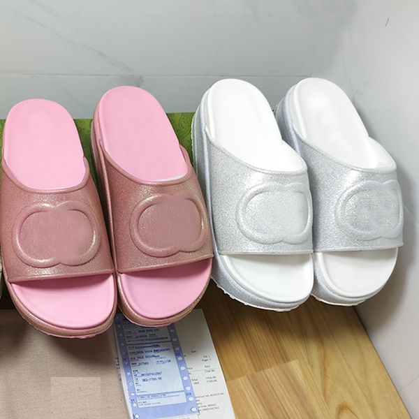 Bayan Slayt Sandalet Siyah Kauçuk Terlik Interlocking g Cut-out Sandalet İtalya Lüks Tasarımcı Metalik gümüş gül pembe Yastık Kaydırıcı Kalın Alt Macaron Ayakkabı