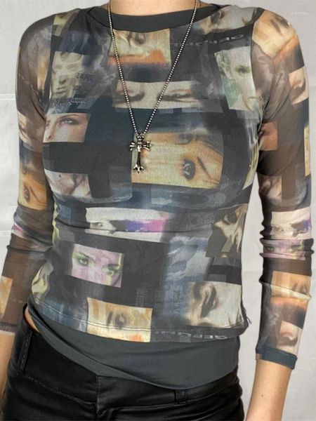 T-shirt da donna Donna Ritratto stampato T-shirt in rete trasparente Manica lunga Slim Fit Crop Top Y2K Grunge Club Sexy See Through Female