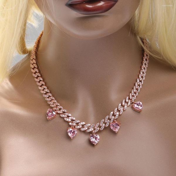 Choker Collier Coeur Collar Pink Heart Charms Neklcace Confezione regalo per donna 9mm Iced Out Cuban Link Chain Luxury Hip Hop Jewelry