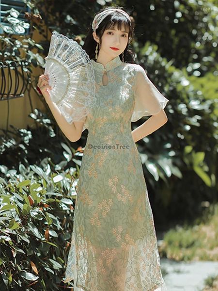 Этническая одежда 2023 Улучшенные женщины Qipao одеваются китайские кружевные шнунгсамские азиатские платья Элегантные винтажные цветы
