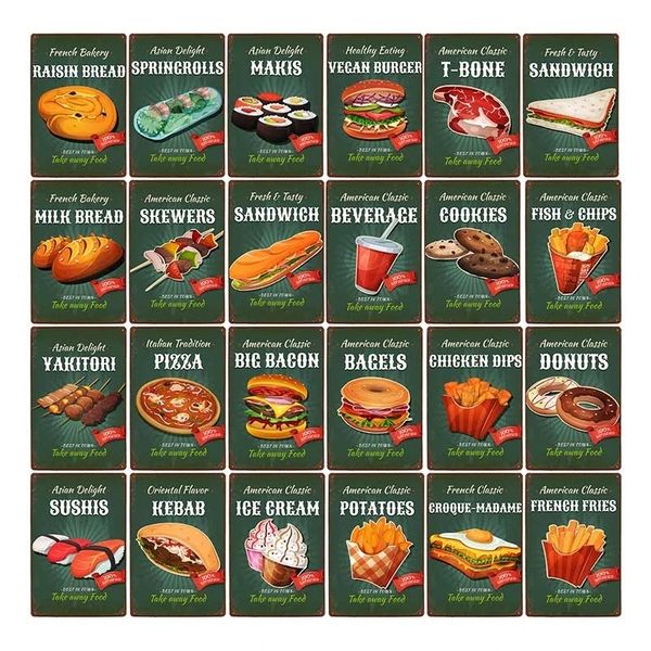 Fast Food Service Tin Plate Plate Sobessert Shop Poster Hamburger Bread Metal Sign Iron Pintura Decoração para Placas Personalizadas Placas de Arte Tamanho 30x20cm W02