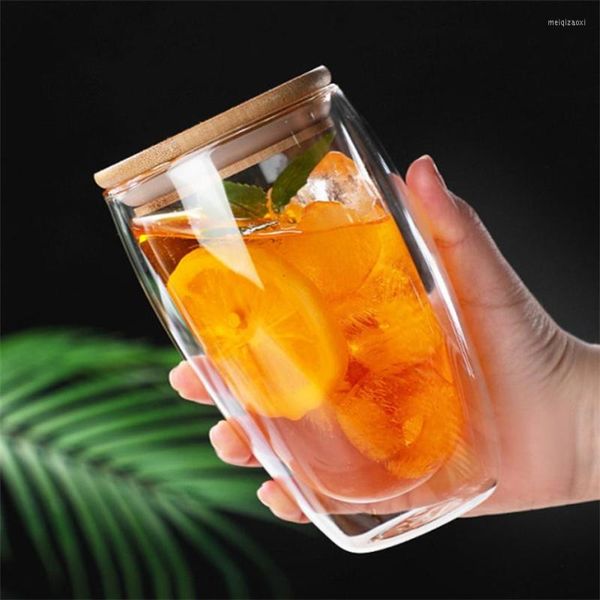 Copo de vinho com copo duplo com tampa de madeira 250ml/350ml/450ml de suco de suco de chá de chá de cerveja de uísque resistente a calor expresso Copo transparente reutilizável