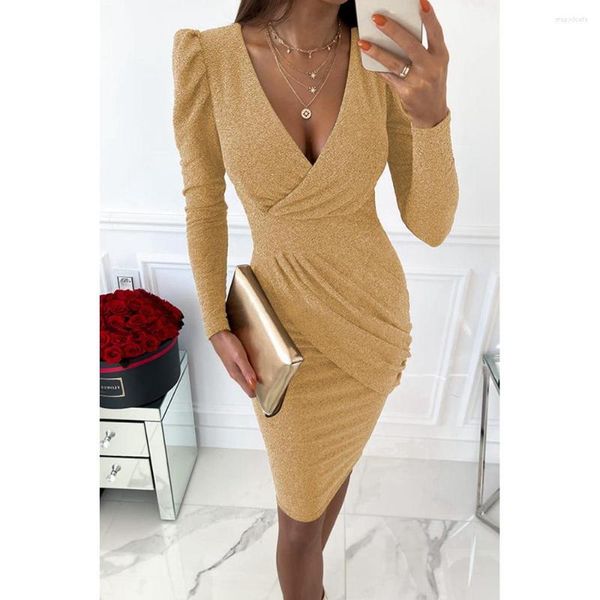 Casual Kleider Damen Herbst Elegant Einfarbig Raffen Bleistift Midi Kleid Winter Femme V-Ausschnitt Geraffte Langarm Abend Party Kleid