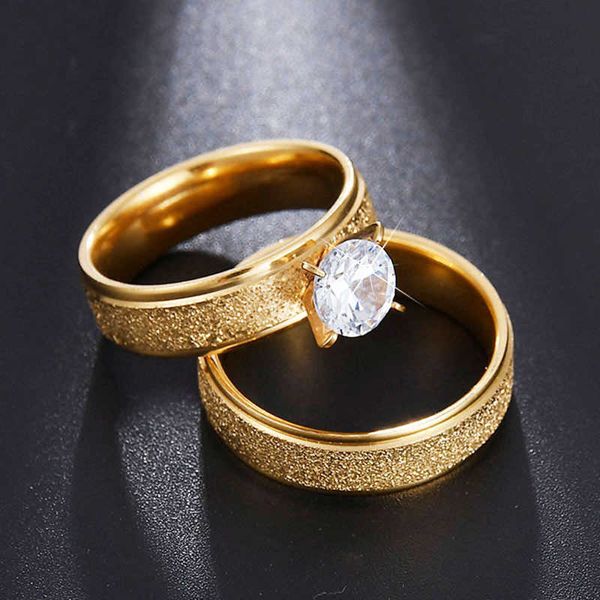 Solitärring Edelstahl mattiert Paar Ringe für Frauen Zirkon Verlobungsring Männer Vintage-Schmuck Fingerring Femme Eheringe Party Z0313